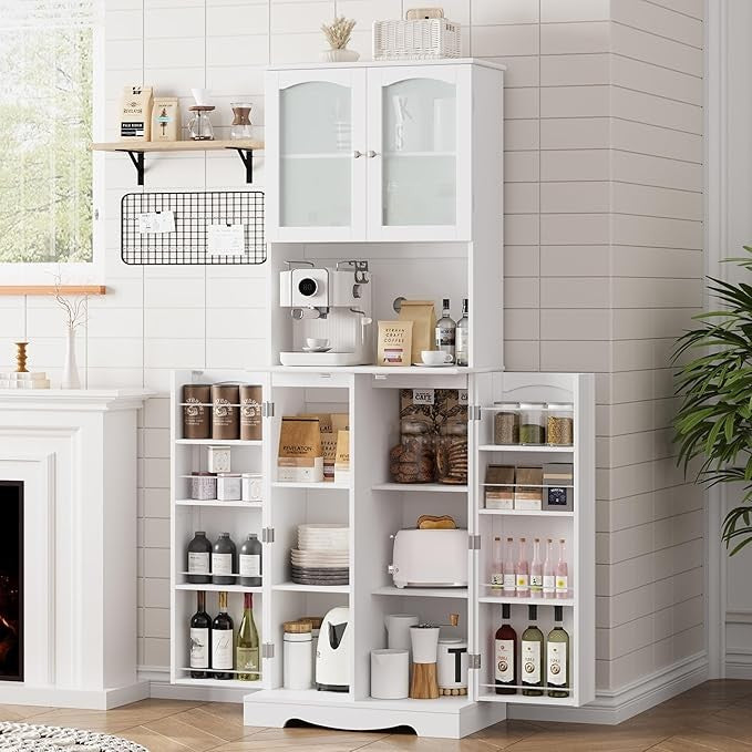Tall White Kitchen Storage Cabinet 181cm Pantry Cupboard with 4 Doors Adjustable