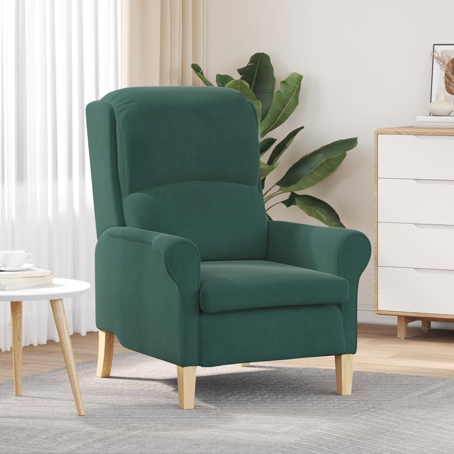 Dark Green Recliner Armchair Fabric Wingback Chair Wood Legs Lounge