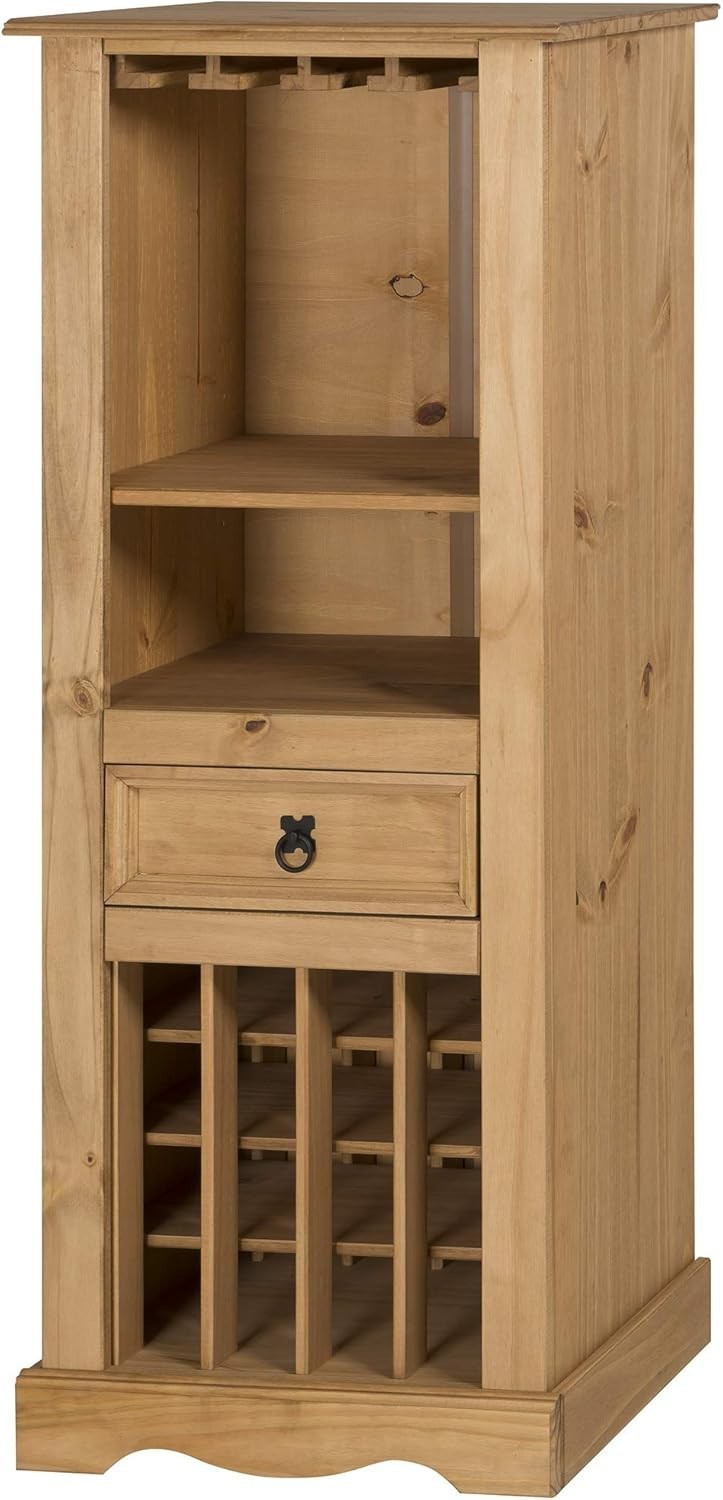 Rustic Pine Wine Rack Cabinet with Drawer & Glass Holder, Floor Standing Storage