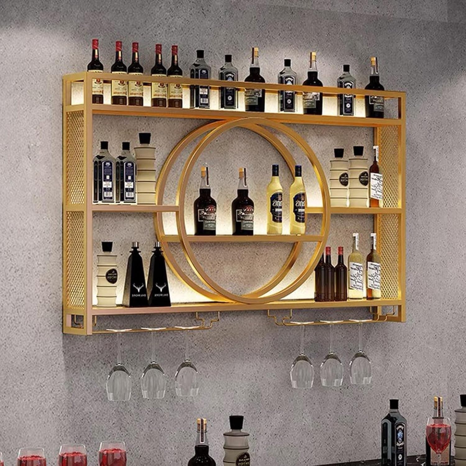 Gold Wall Mounted Wine Rack 120cm Bar Shelf with Glass Holders & Bottle Storage