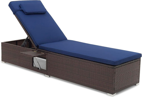 6-Level Adjustable Rattan Sun Lounger with Folding Table & Cushions, Navy Blue