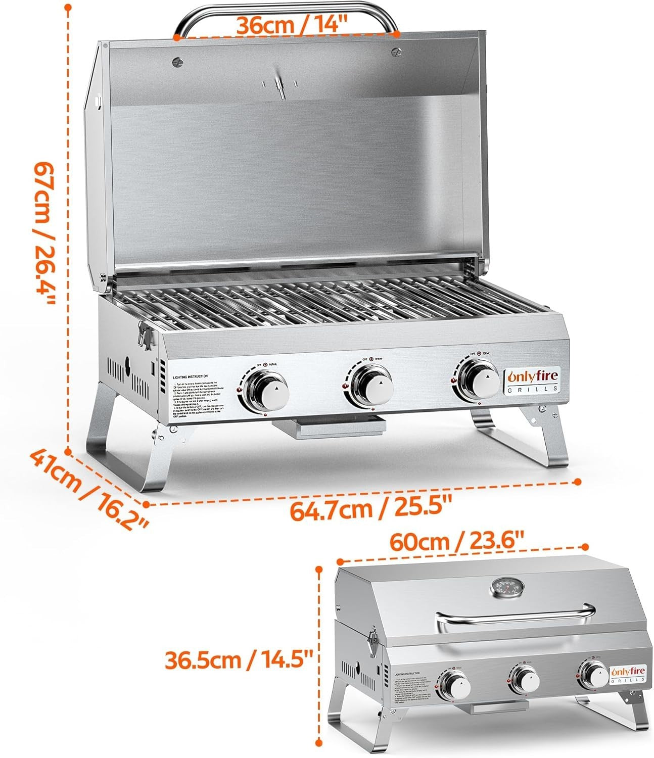 3 Burner Portable Gas BBQ Grill Stainless Steel Tabletop Outdoor Camping Cooker