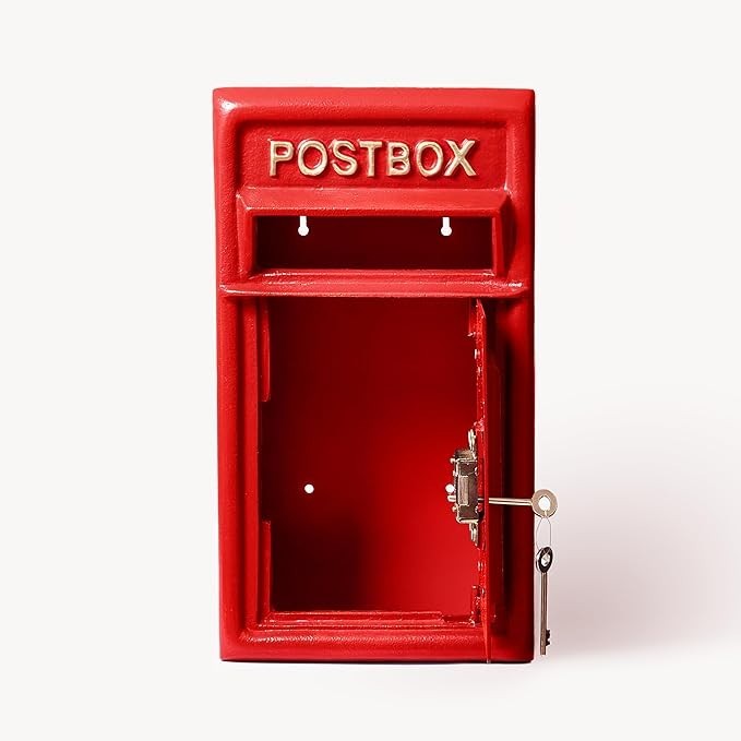Lockable Wall Mounted Post Box Cast Iron Red Secure Mailbox 44cm Durable
