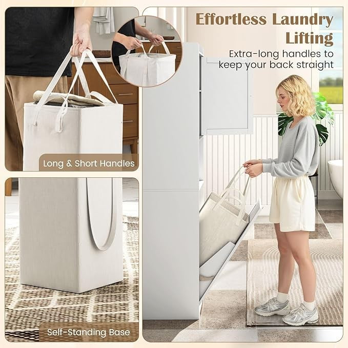 Bathroom Tall Cabinet with Tilt-Out Laundry Basket, Slim Bathroom Storage