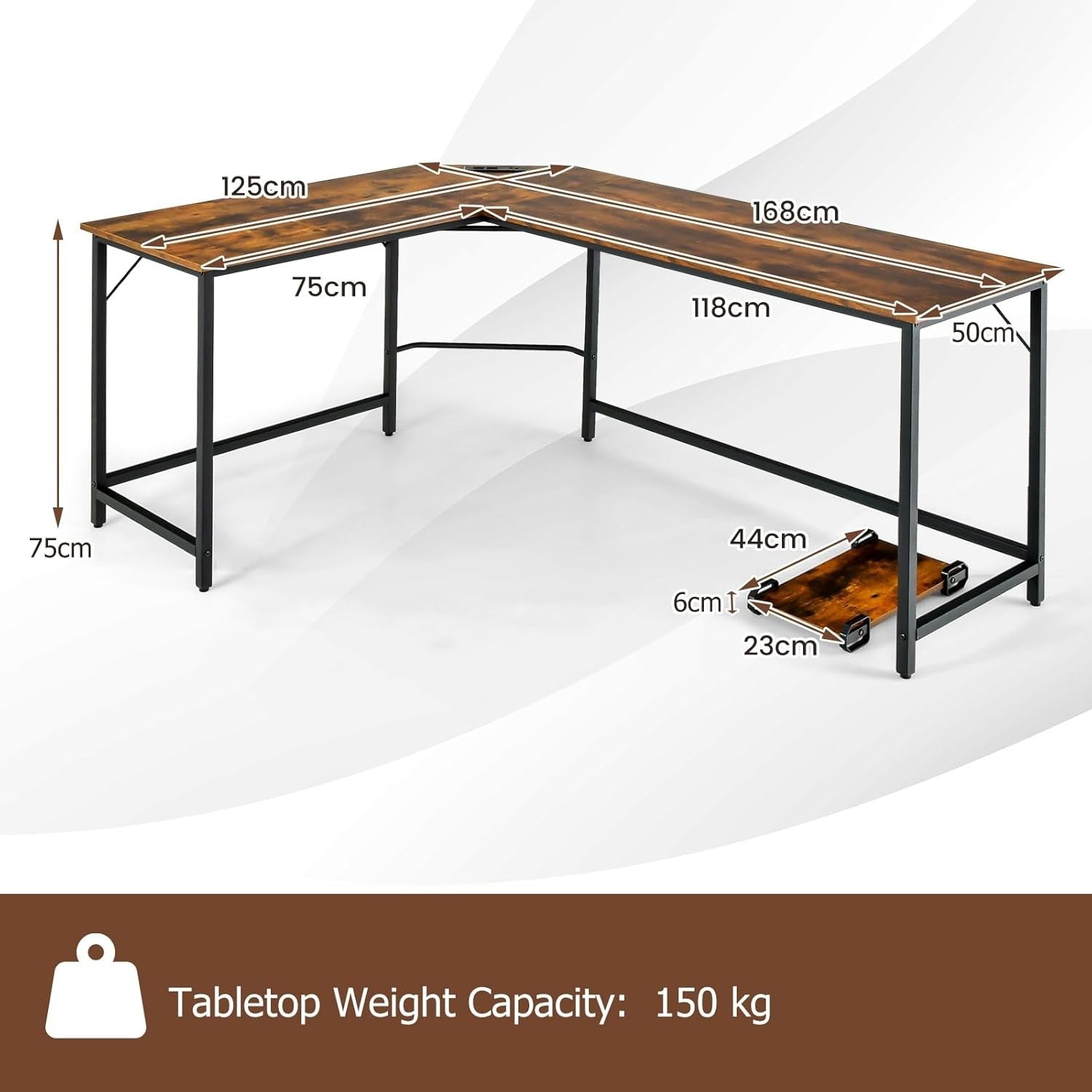 Rustic Brown L-Shaped Desk 168cm Corner Computer Table with CPU Stand