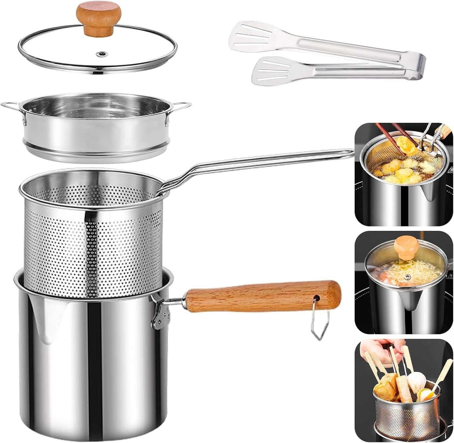 304 Stainless Steel Deep Fat Fryer Pot Set With Basket Lid Steamer