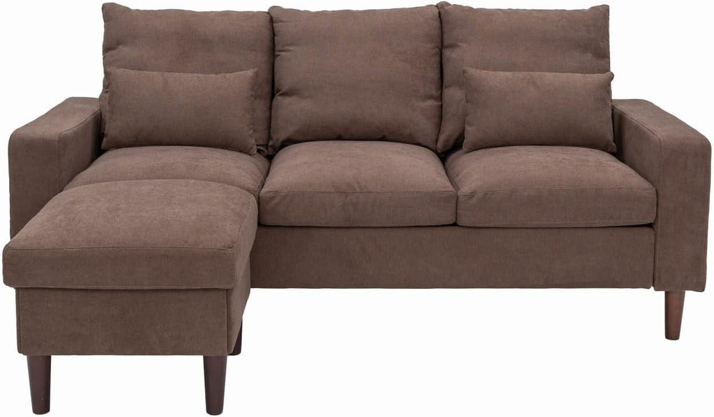 3 Seater Sofa with Footstool Brown Linen Reversible Chaise Cushioned Modern Couc