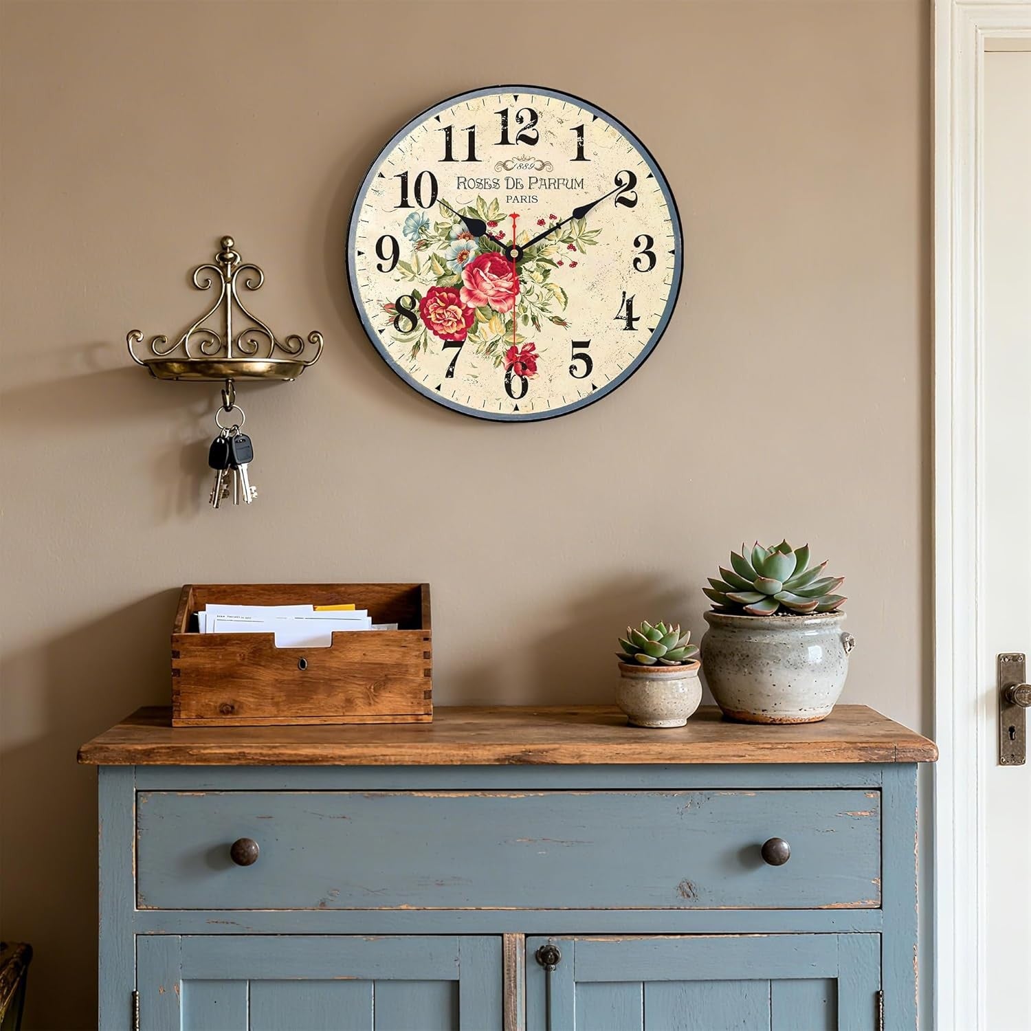14” Vintage Floral Wall Clock Silent Non-Ticking Wooden Rustic Arabic Numeral
