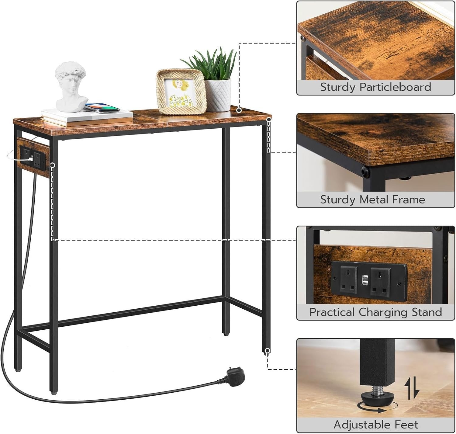 Slim Console Table with Charging Station, Rustic Hallway Desk for Small Space