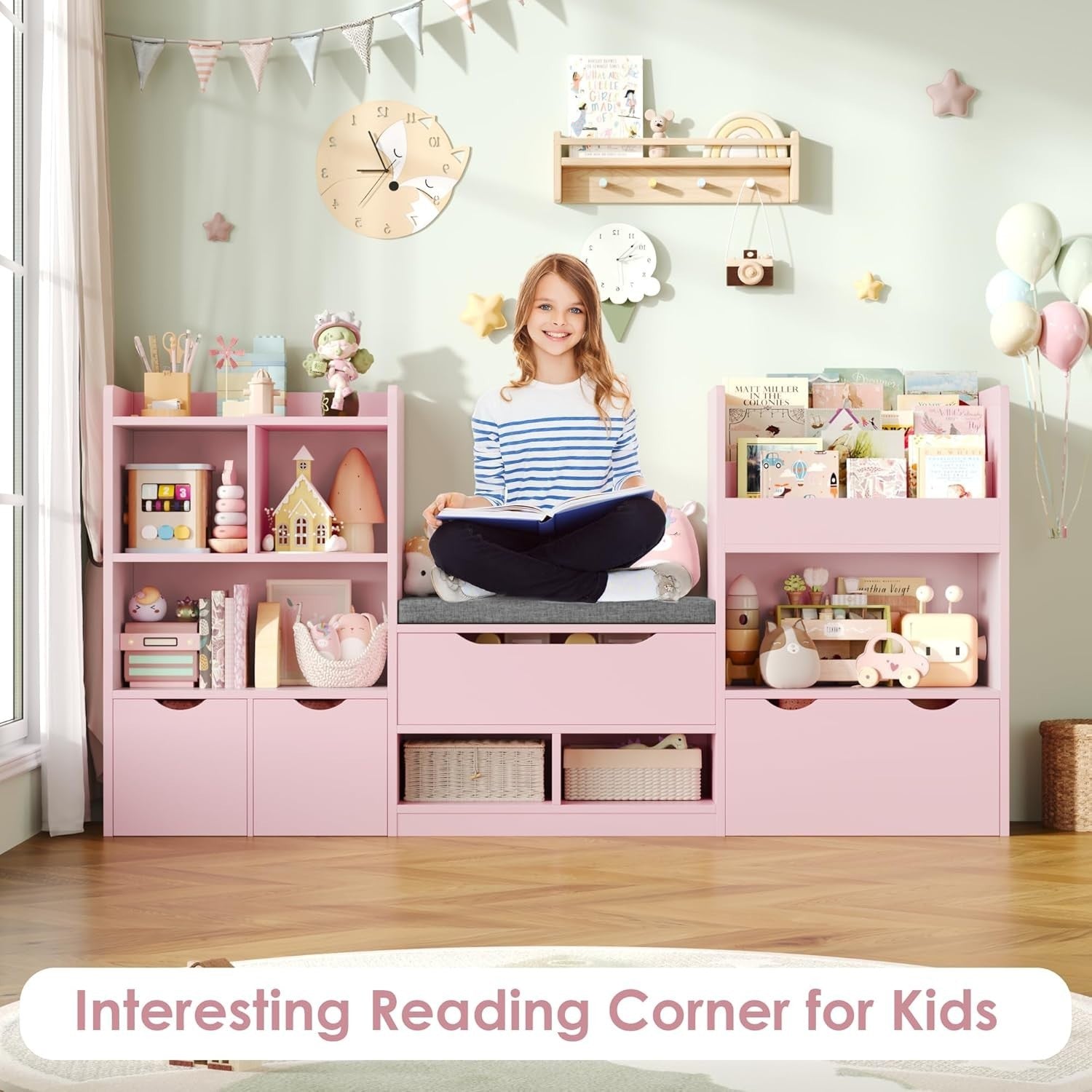 Kids Toy Storage Unit with Bench, 3 Drawers & 7 Shelves – Pink Organizer