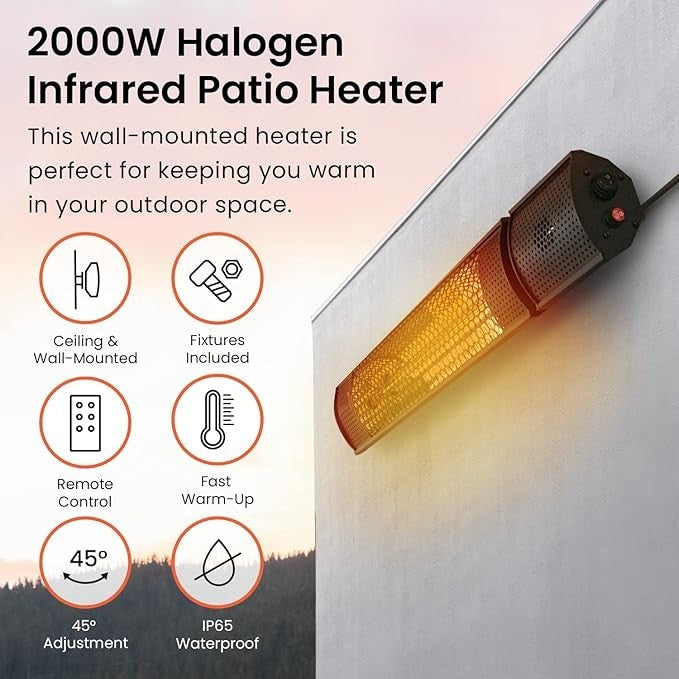 Outdoor Infrared Patio Heater 2000W Wall Mounted Electric Remote Control IP65