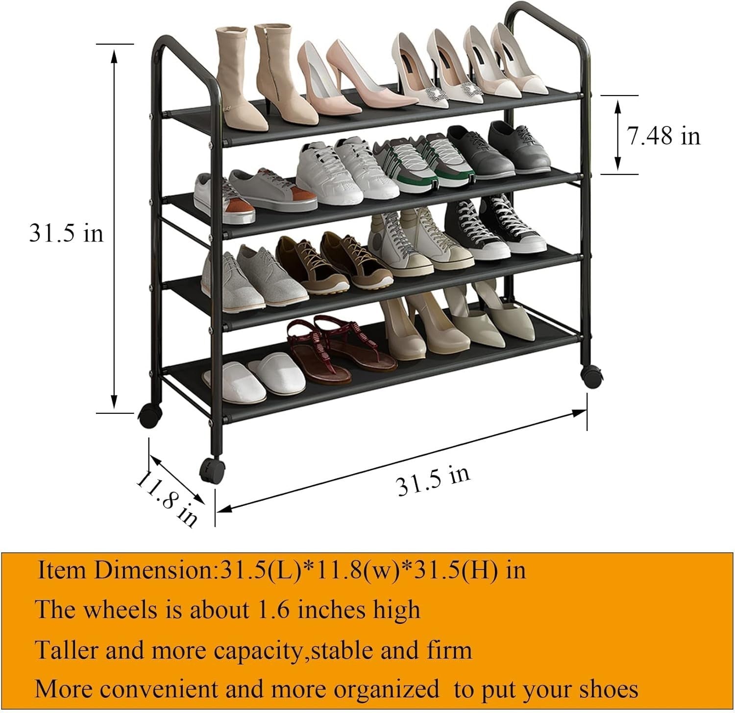 4-Tier Rolling Shoe Rack with Waterproof Fabric Shelves & Locking Wheels