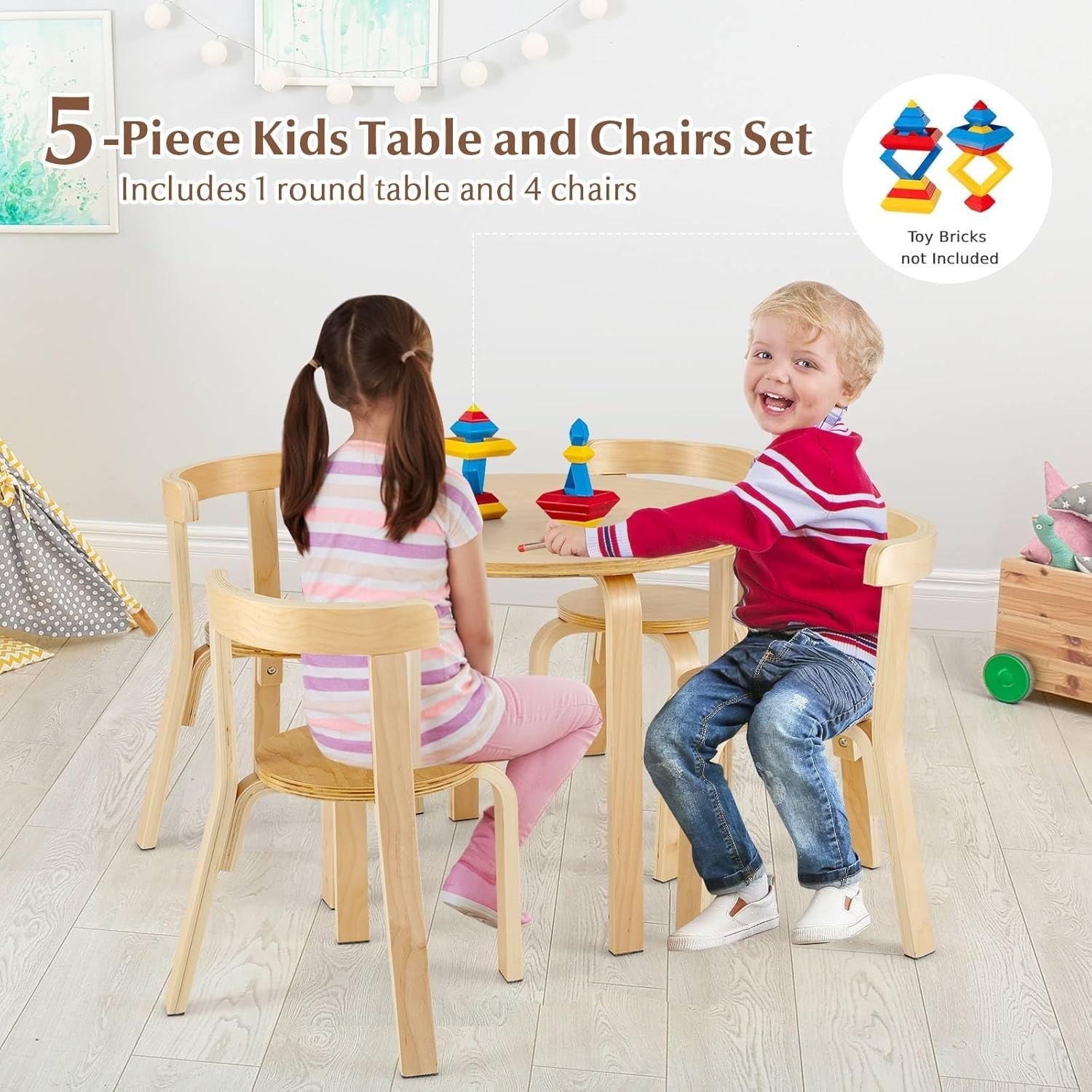 Kids 5-Piece Wooden Table & Chair Set with Ergonomic Chairs for Play & Learning
