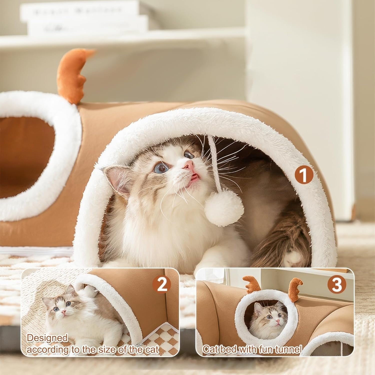 U Shape Cat Tunnel Bed 65x40cm Memory Foam Thermal Fleece Cave