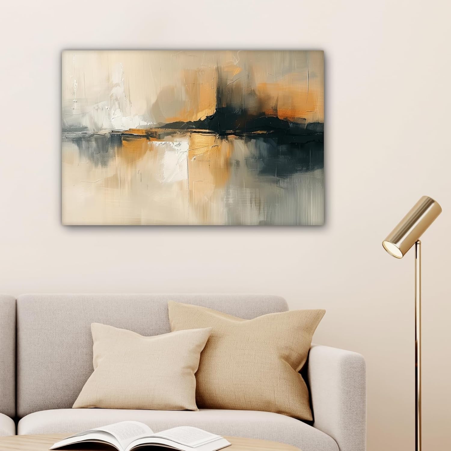 Abstract Black Beige Canvas Wall Art 60x40cm Framed Modern