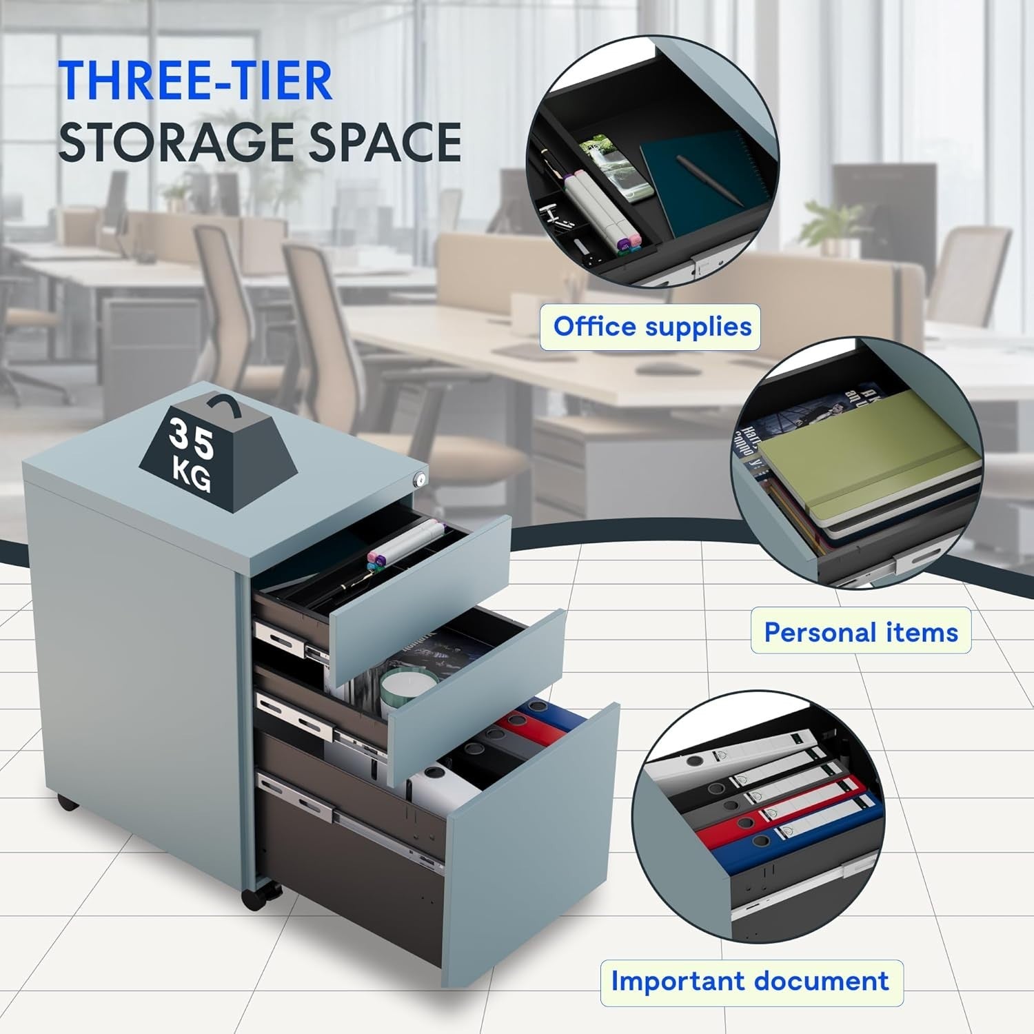 Grey Blue Mobile Filing Cabinet 3 Drawer Lockable Under Desk