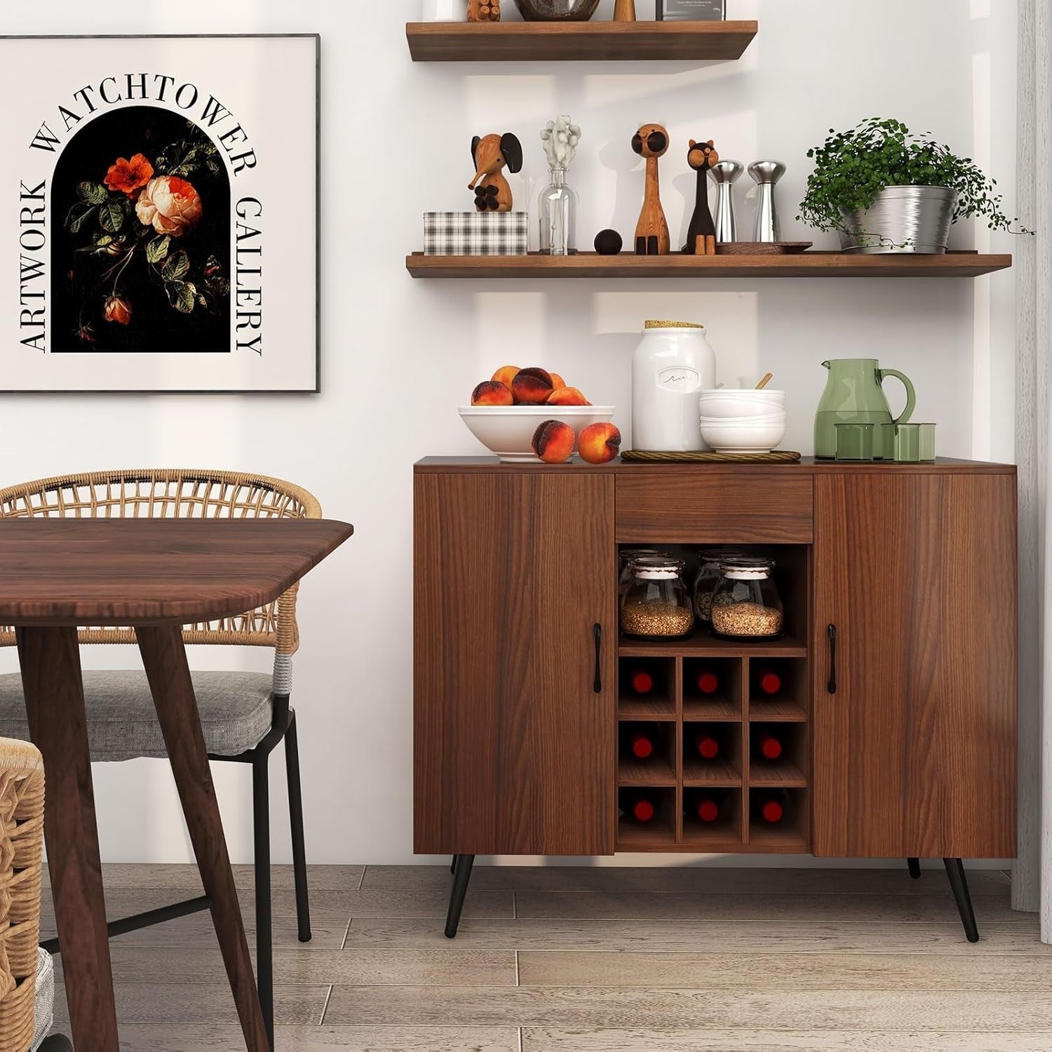 Mid Century Wine Sideboard Cabinet with 9 Bottle Rack & Storage Shelves Walnut