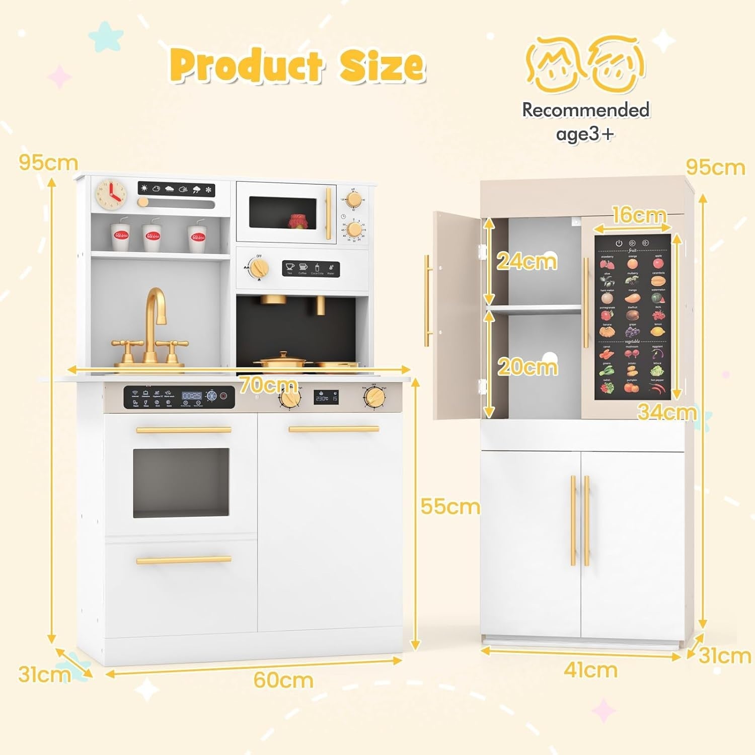 Large Kids Play Kitchen Set w/ Fridge Microwave Lights Sounds Toy