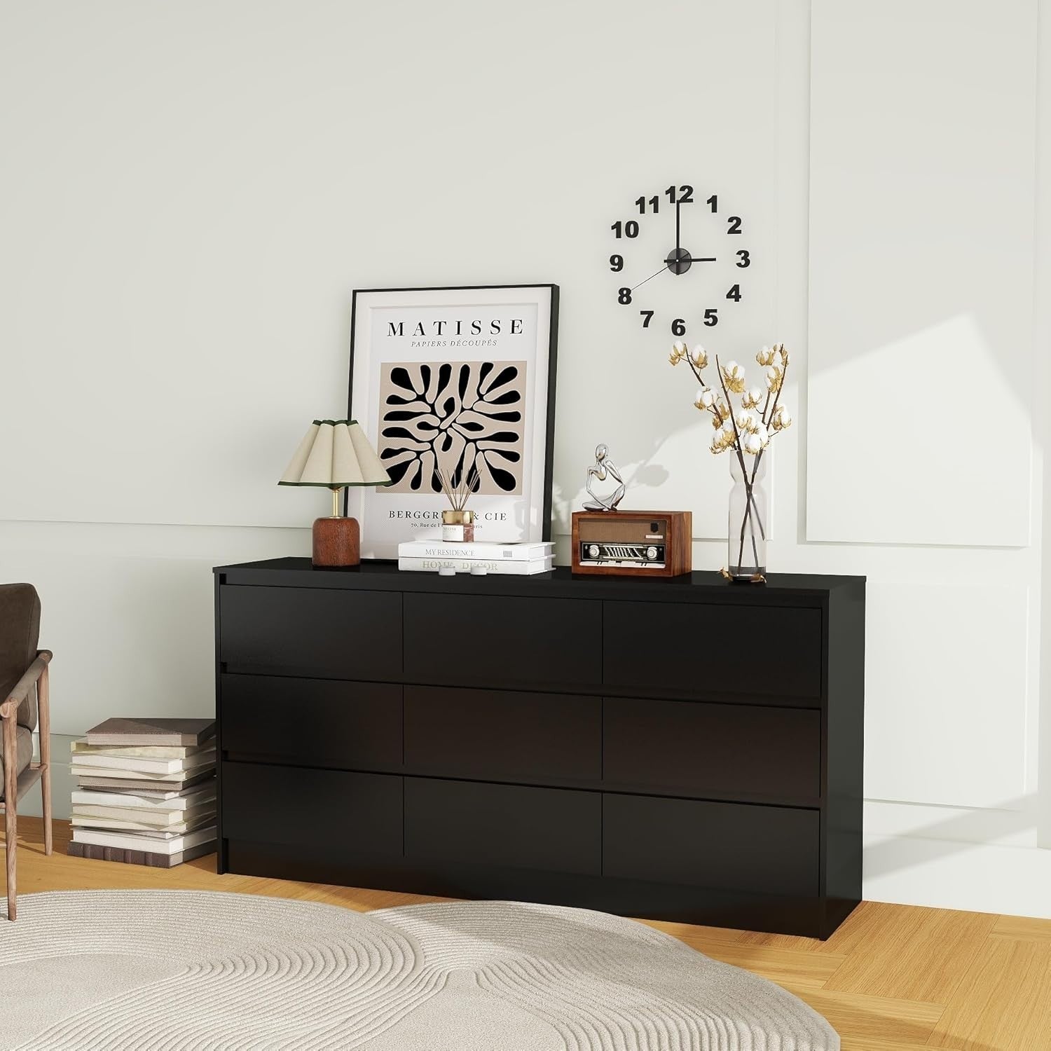 Black 9 Drawer Dresser Chest Storage Unit Wide Modern Bedroom Cabinet