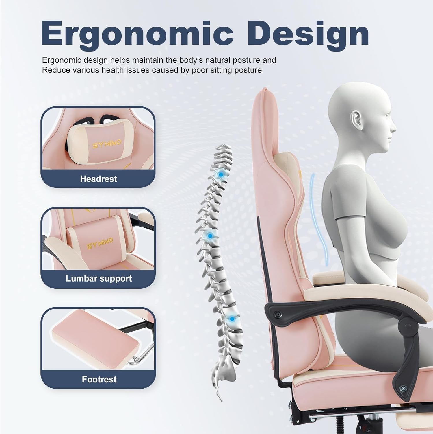 Ergonomic Gaming Chair Recliner w/ Footrest Lumbar PU Leather Pink