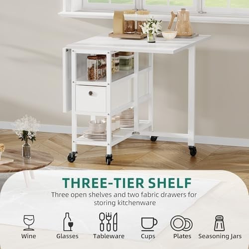 White Folding Dining Table Drop Leaf with Storage 120cm