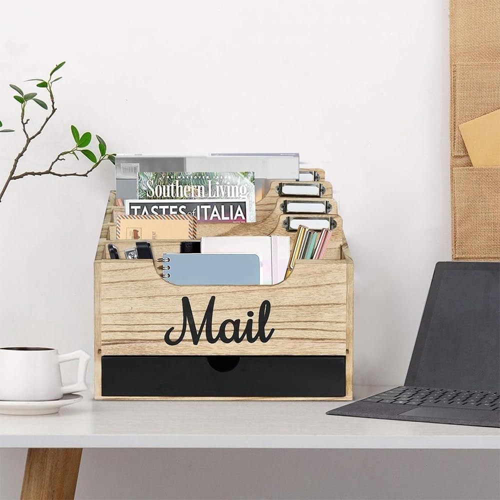 Wood Desktop Mail Organizer with 4 Compartments & Drawer, File Holder