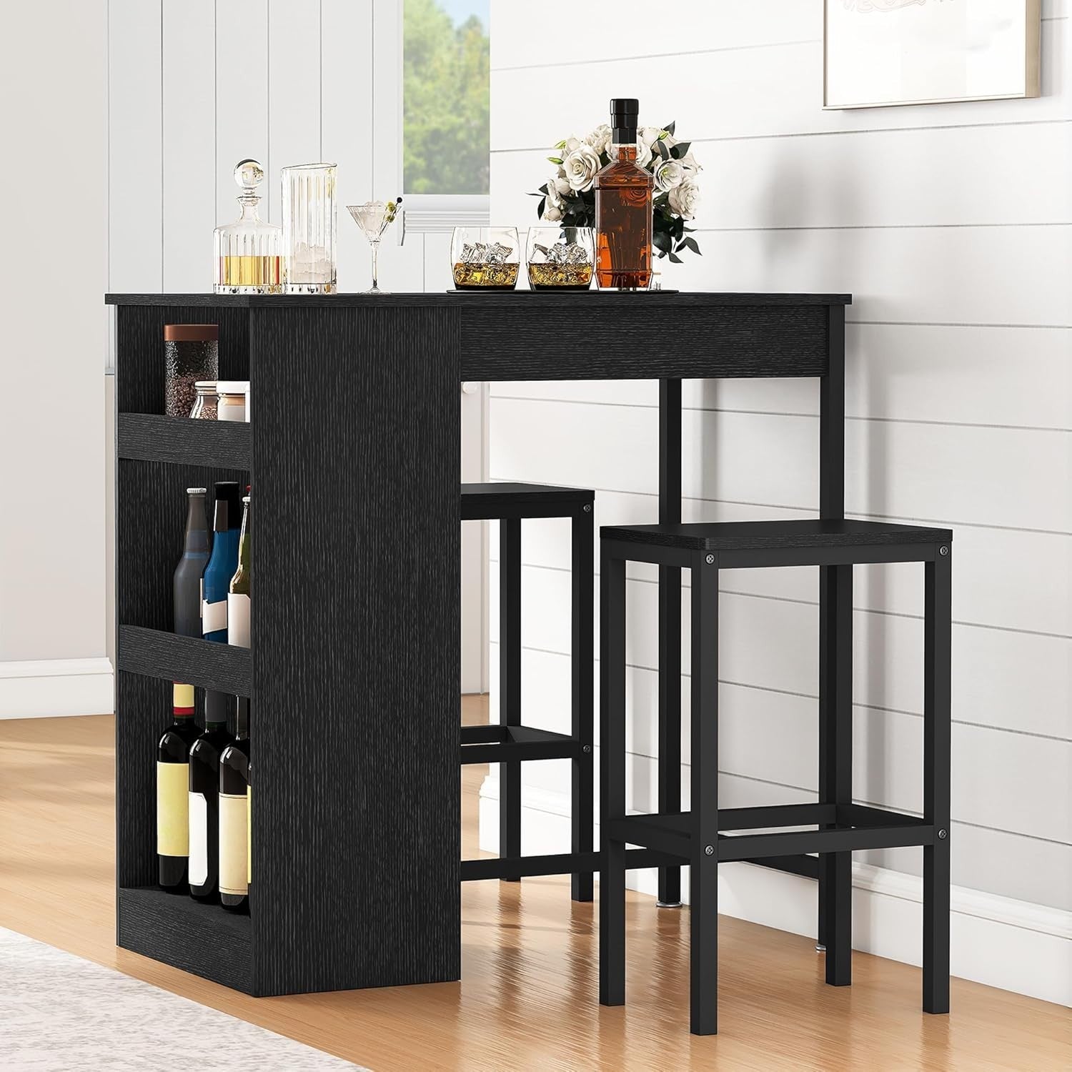 Black Bar Table Set with 2 Stools Industrial Wood Top Storage Shelves Furniture