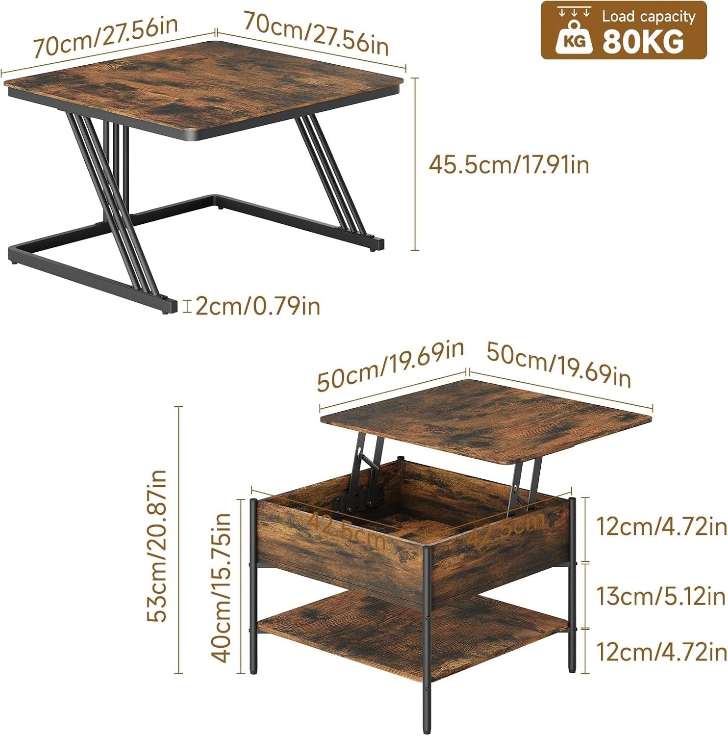 Square Nesting Coffee Table Set 2, Lift Top Storage, Walnut & Black, Space Savin