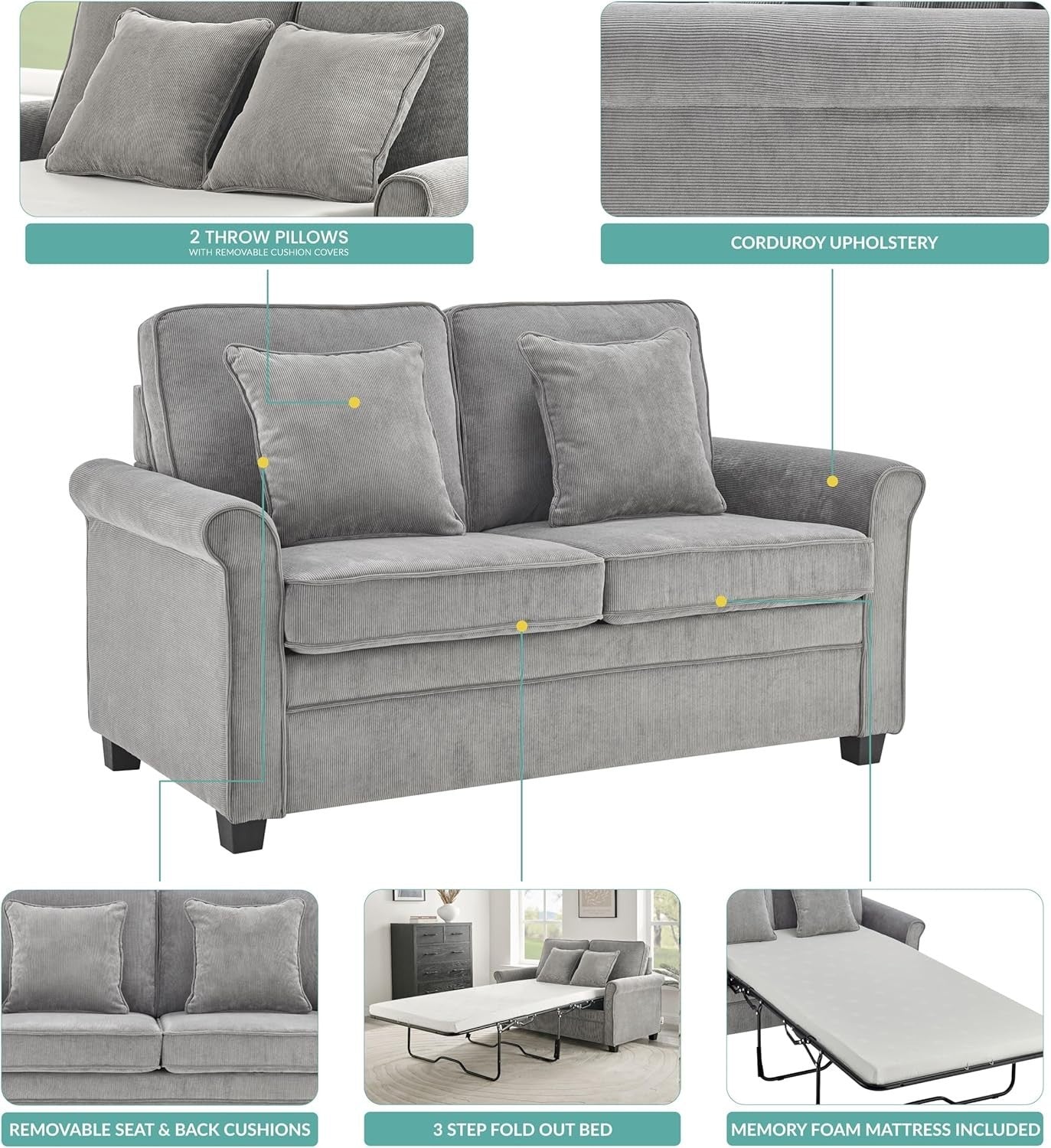 Grey Corduroy Sofa Bed 2 Seater Fold Out Couch Guest Bed Compact Lounge