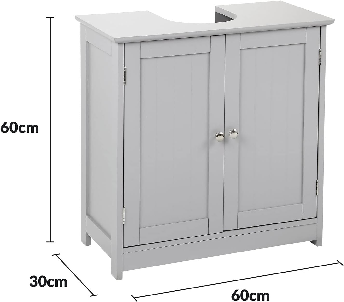 Grey Under Sink Bathroom Cabinet – 2 Door Vanity Storage Cupboard 60x30x60cm