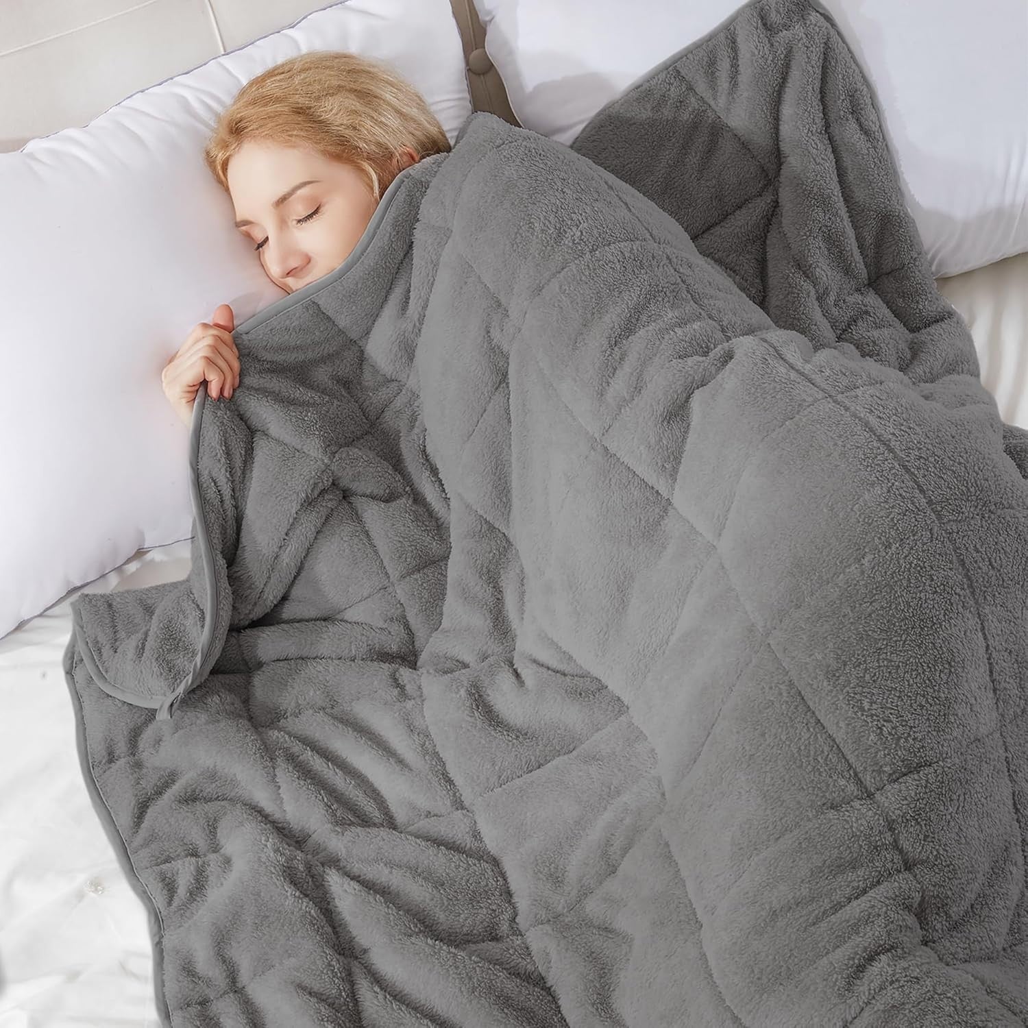 8kg Weighted Blanket, Dark Grey Teddy Fleece Quilted 150x200cm Anxiety Relief