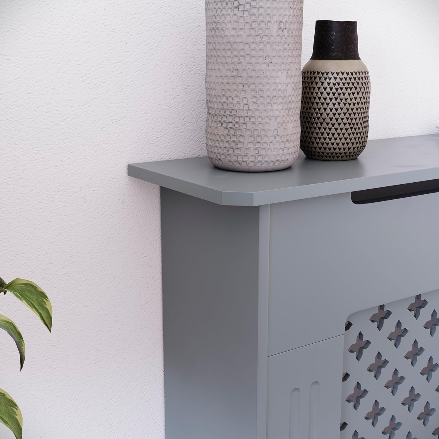 Small Grey Radiator Cover 82x78x19cm Modern Cross Pattern MDF Cabinet