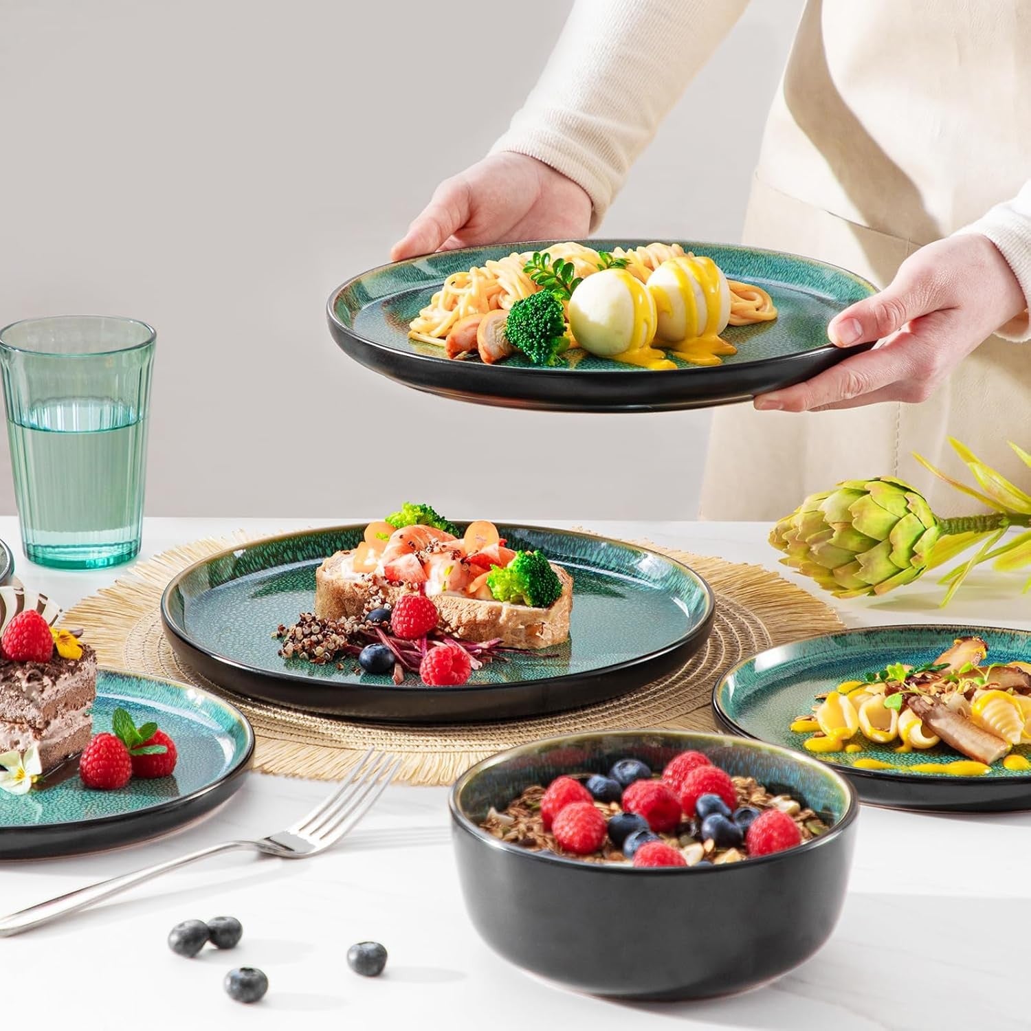18pc Green Stoneware Dinner Set Reactive Glaze Plates Bowls Microwave Safe