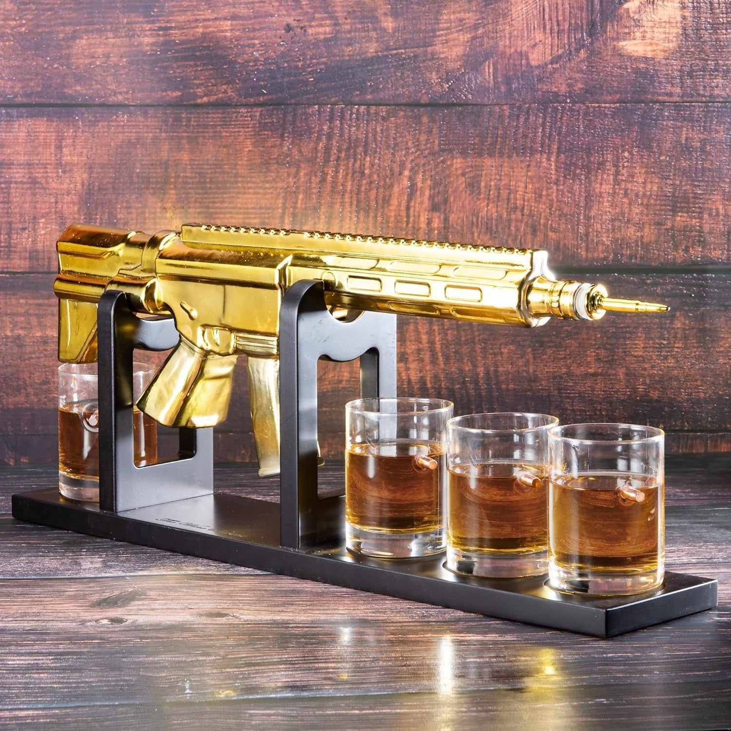 Gold AR15 Style Whiskey Decanter Set with Bullet Glasses Luxury Bar Gift