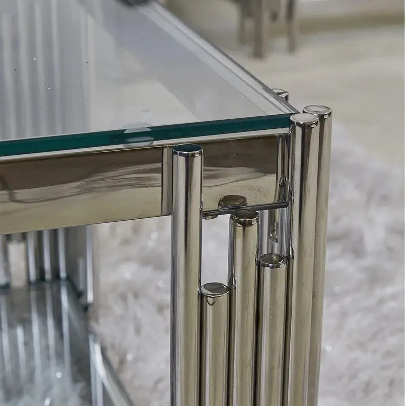 Glass Coffee Table w/ Shelf | Modern Chrome Stainless Steel Living Room
