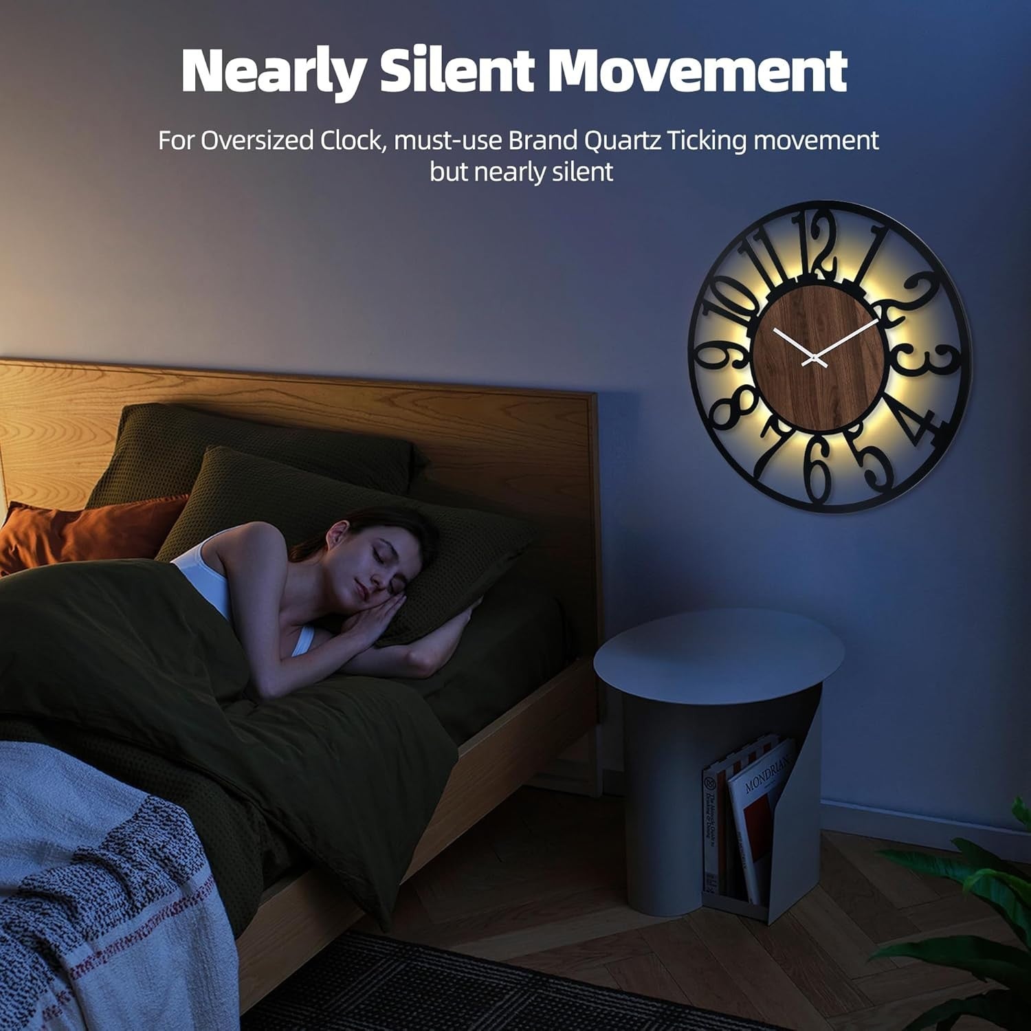 60cm Silent Glow Wall Clock LED Light Sensor Rustic Metal Decor