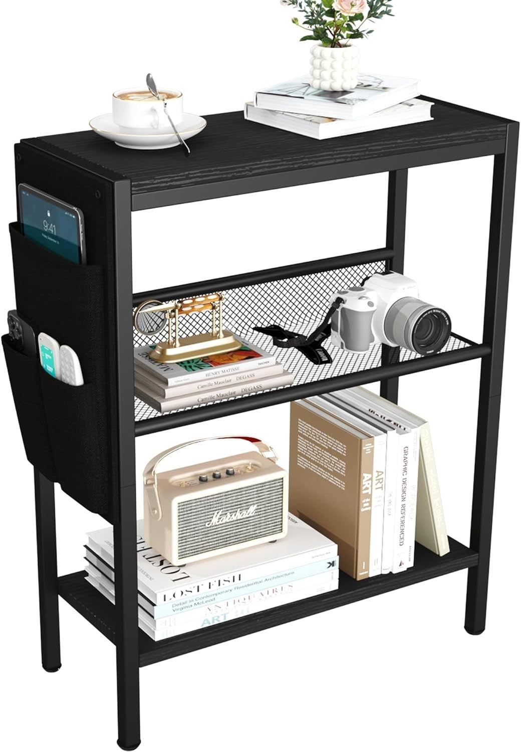 Slim 3-Tier Side Table with Storage Bag – Narrow Black Bedside Sofa Table