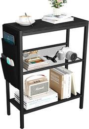 Slim 3-Tier Side Table with Storage Bag – Narrow Black Bedside Sofa Table