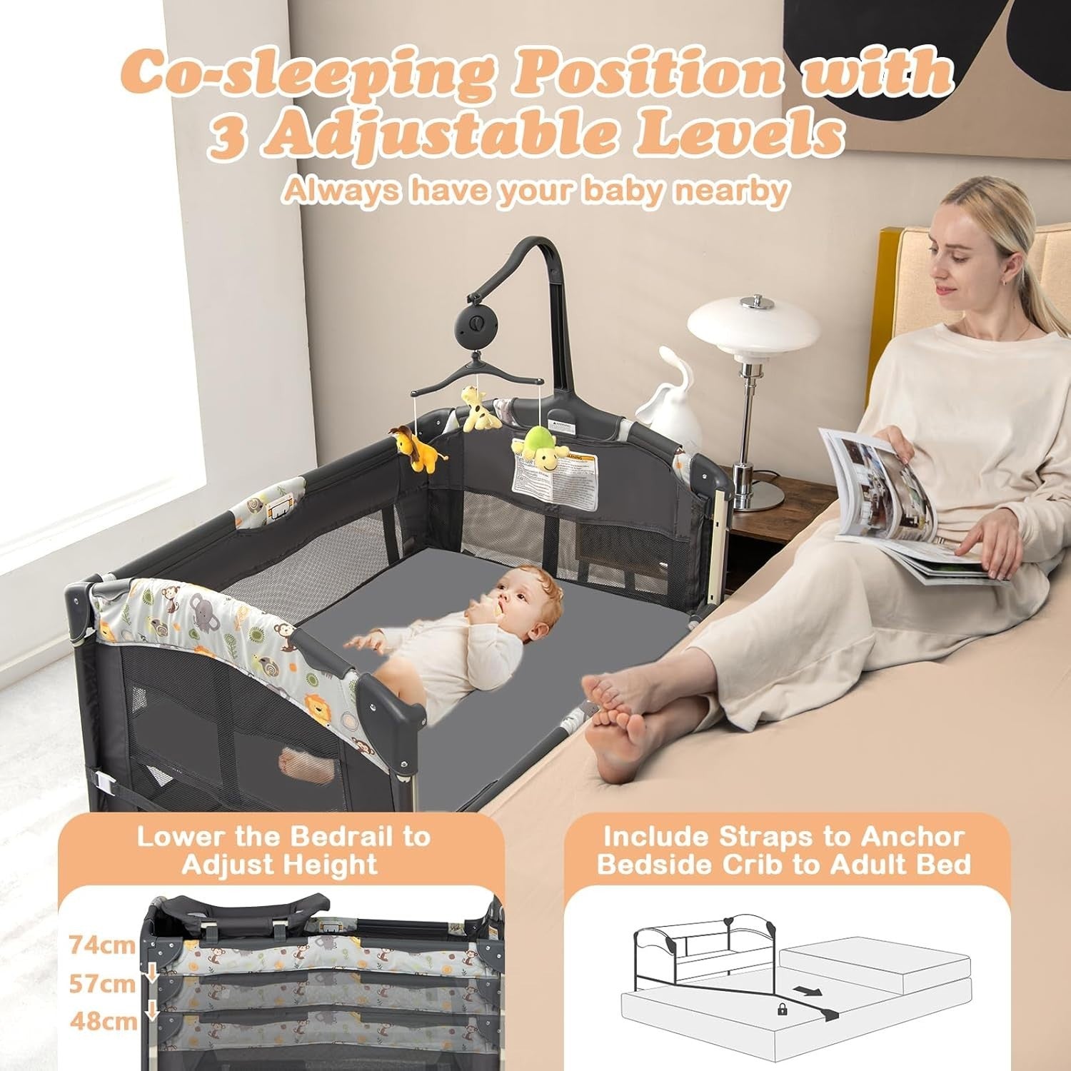 4in1 Travel Cot Baby Bedside Foldable Crib Bassinet Portable Playard Dark Grey