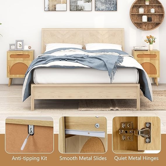 Boho Rattan Bedside Tables Set of 2 – Wooden Nightstands with Drawer & Door