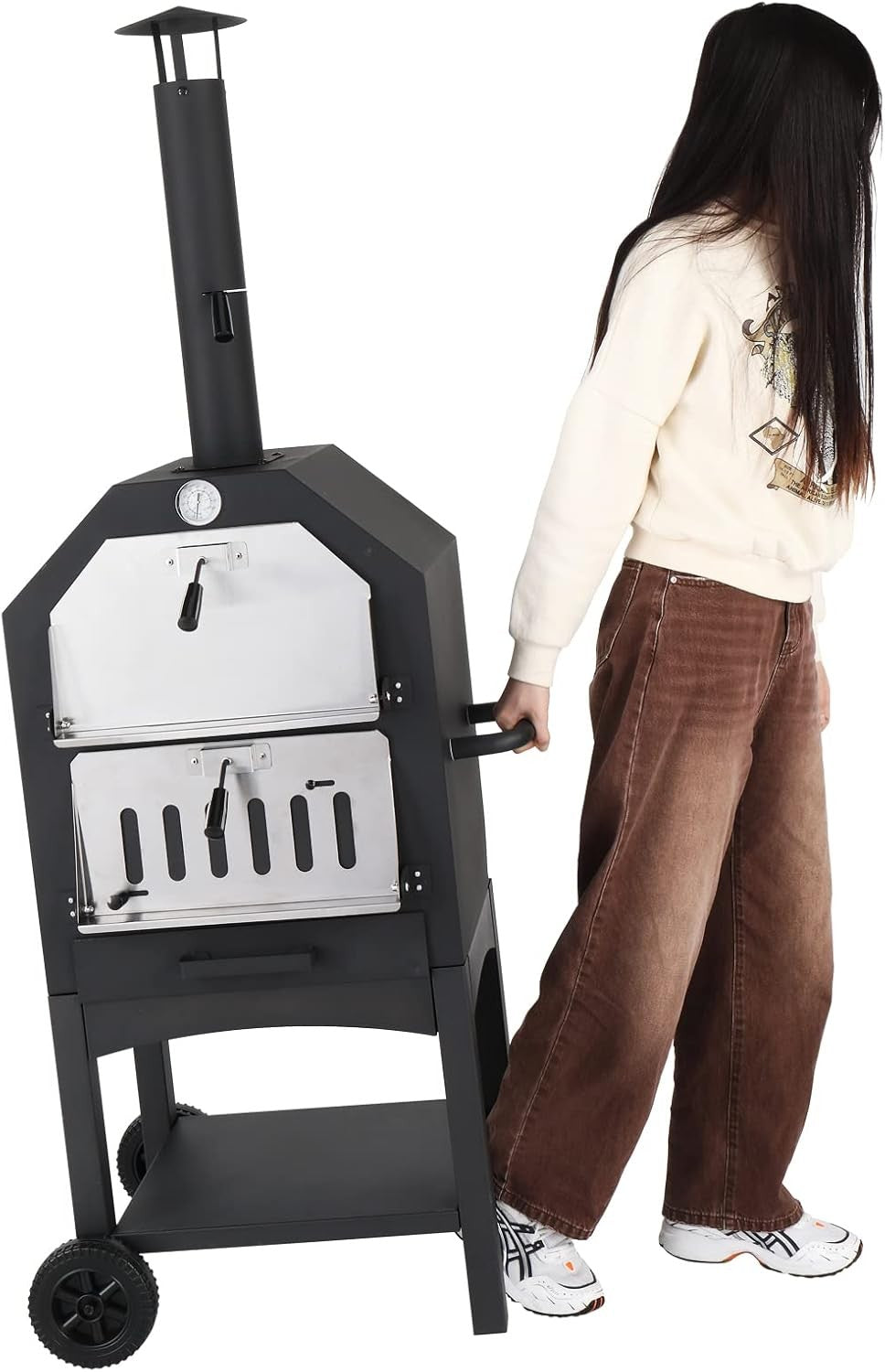 Outdoor Pizza Oven with Chimney | Smoker BBQ Grill Stand & Storage Wheels
