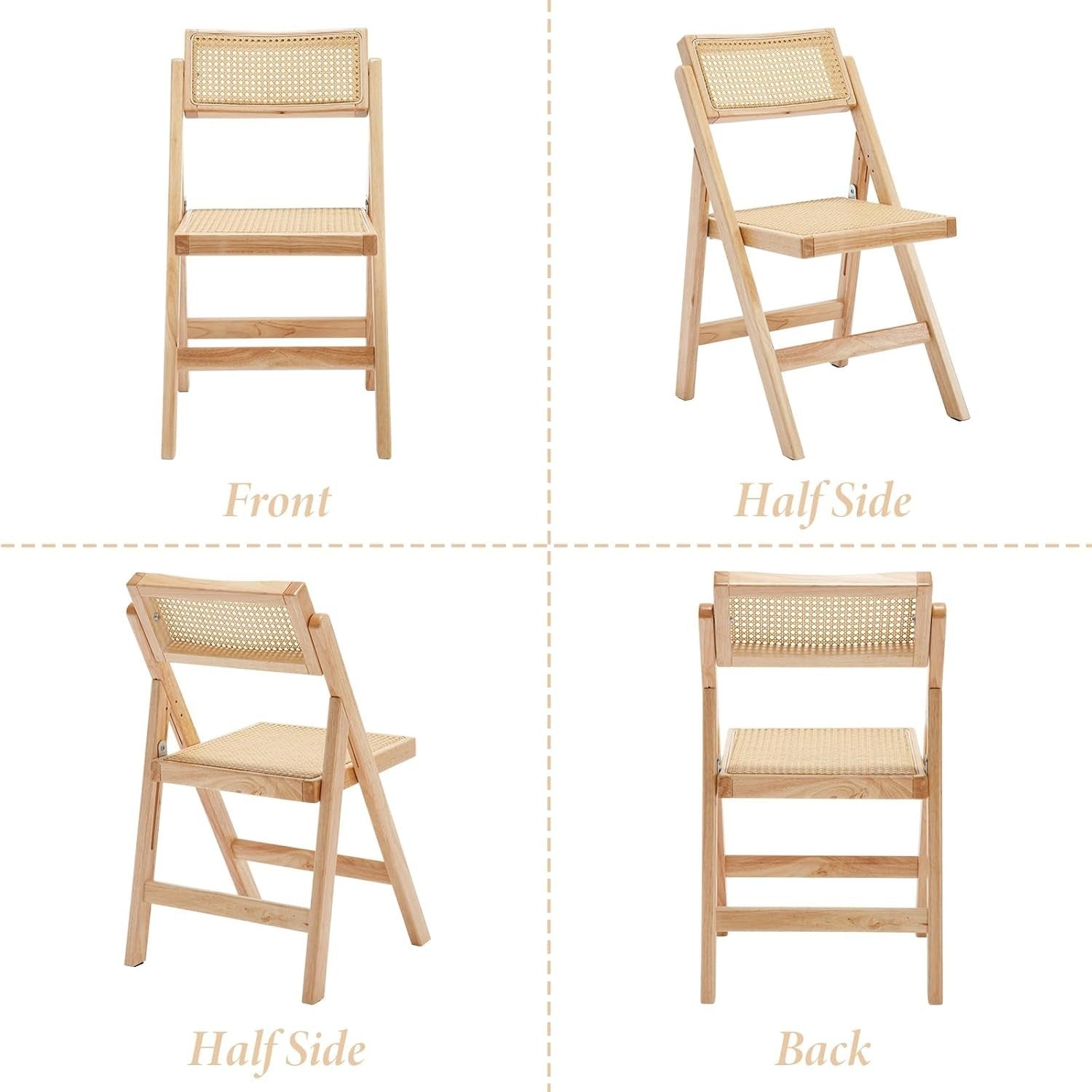 Beige Foldable Rattan Dining Chairs Set of 2 Space Saving Wooden Kitchen Seats