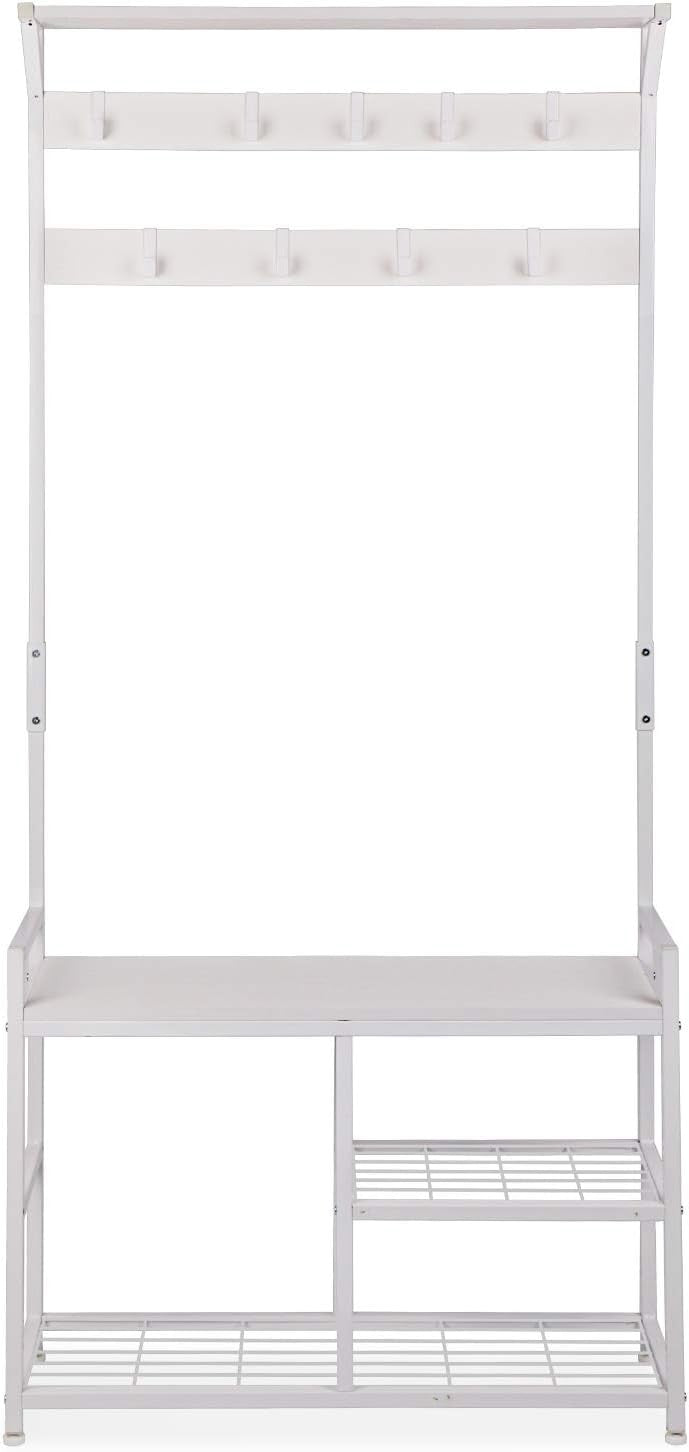 White Industrial Coat Rack with Shoe Bench | 9 Hooks Metal Frame Hall Tree
