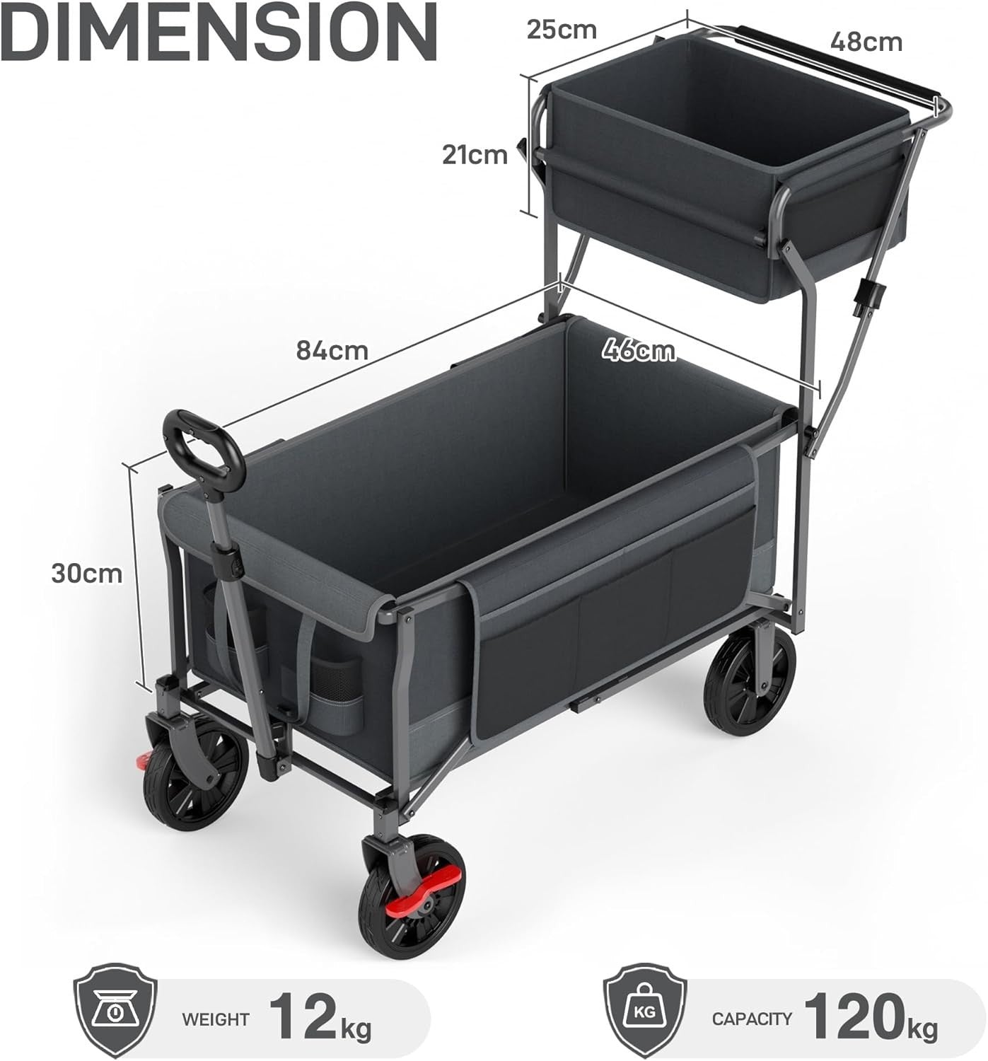 Grey Push Pull Folding Camping Wagon 120kg Festival Trolley w/ Basket & Brakes