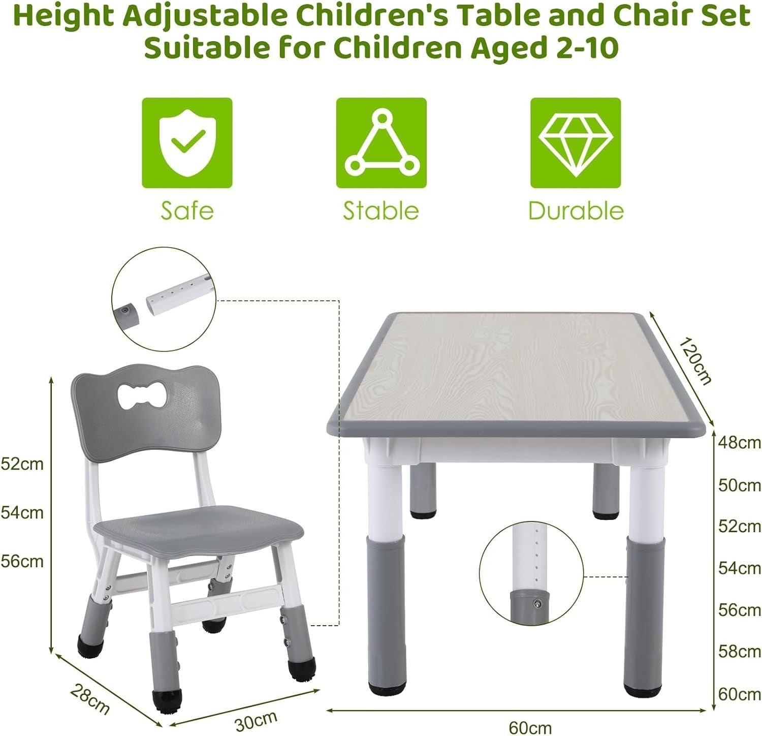 Adjustable Kids Table & 4 Chairs Set Durable Plastic Furniture Grey