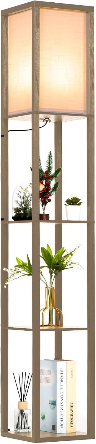 Floor Lamp with Shelves Wooden Standing LED Light Storage Display Light Brown