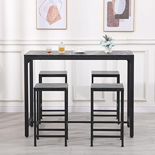 5 Piece Bar Table Set with 4 Stools Marble Effect Kitchen Dining Set