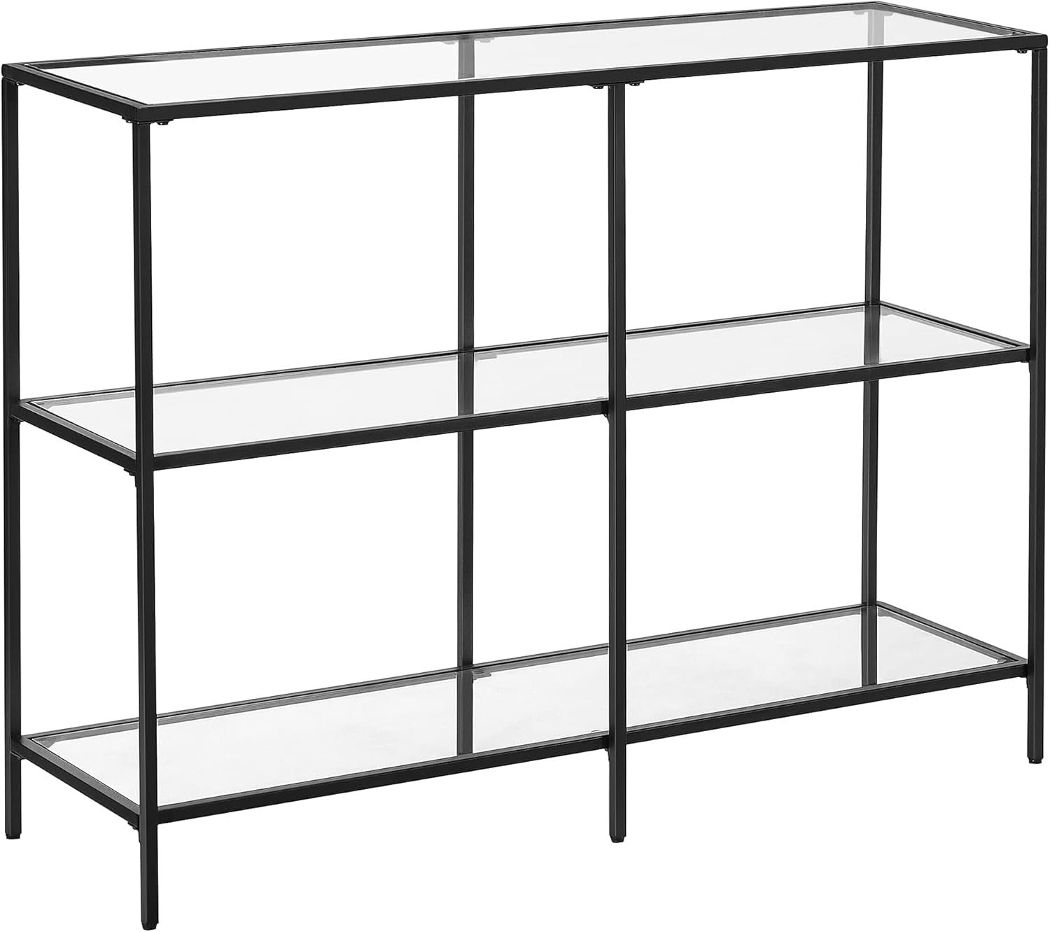Glass Console Table with 3 Shelves, Steel Frame, Modern Black Storage