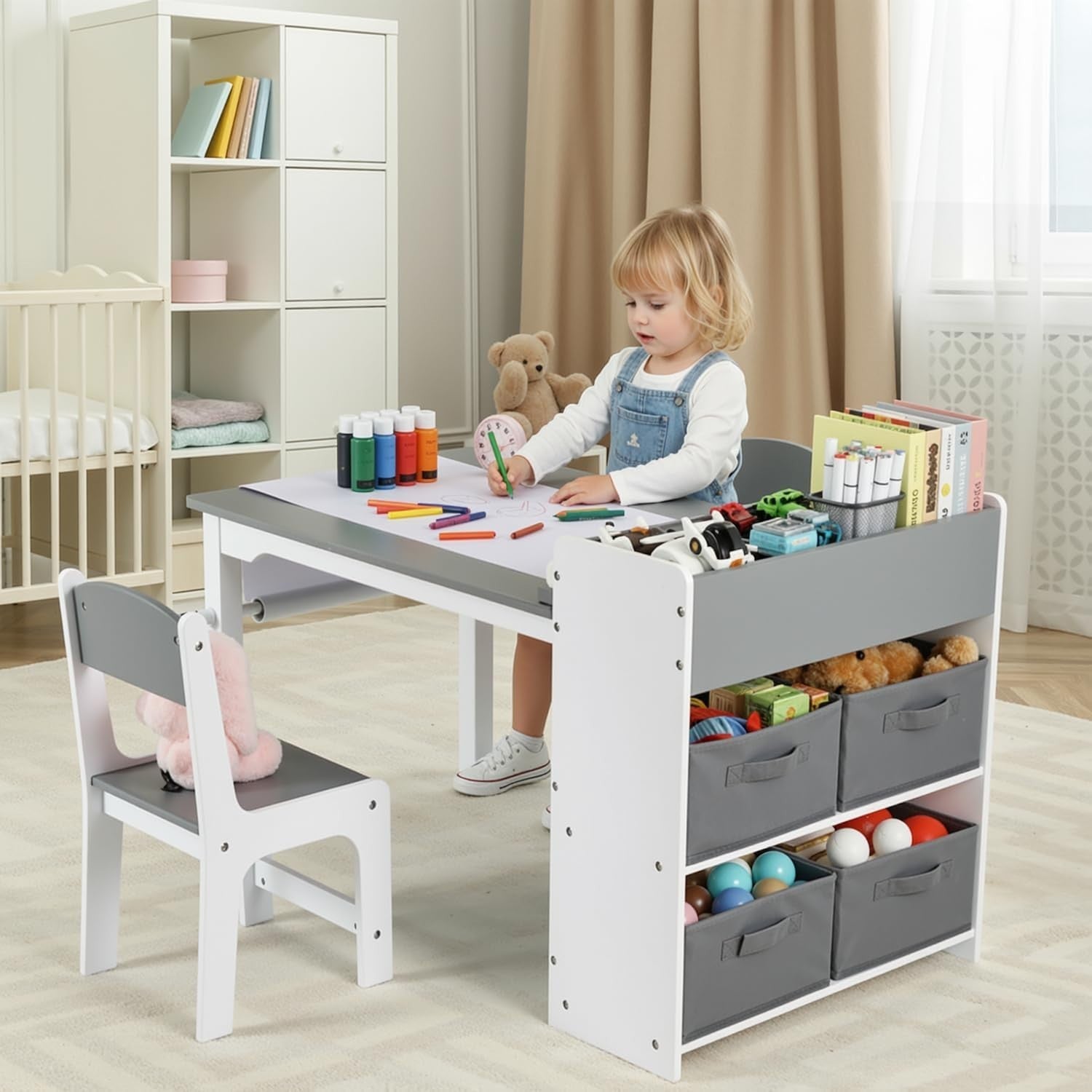 Kids Table and Chairs Set Wooden 2in1 Art Craft Desk w/ Storage & Paper Roll