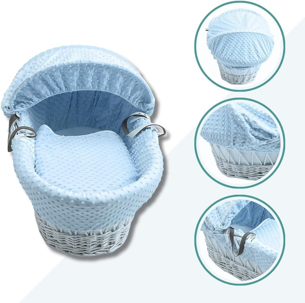 Blue Waffle Wicker Moses Basket Bassinet with Mattress Baby Bed Crib Sleeper